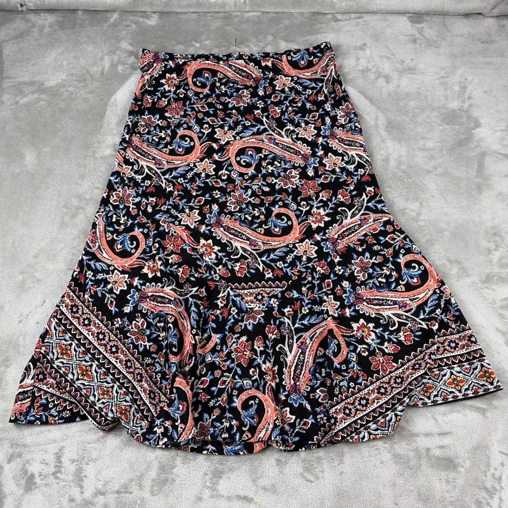 Roz & Ali Black Paisley Floral A-Line Midi Skirt Size M Elastic Waist Stretch